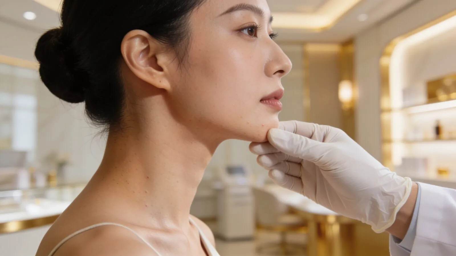 Close assessment of neck skin tags before radiofrequency removal, Dr Sin Yong Singapore