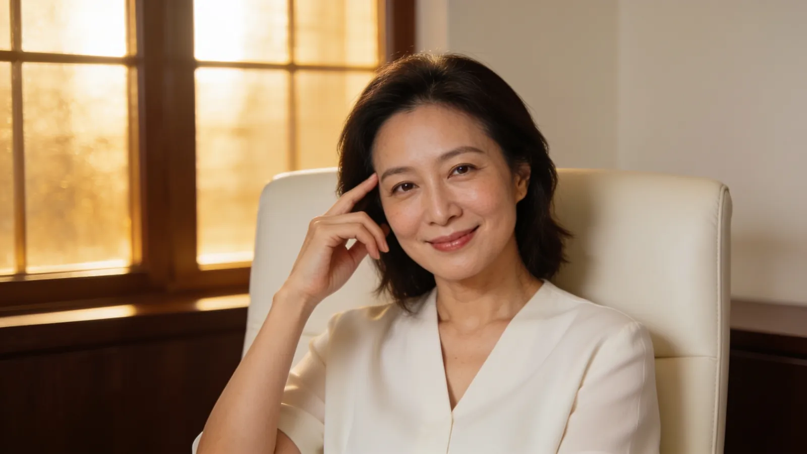 An East Asian woman in her late 40s with healthy firm skin — illustrative image