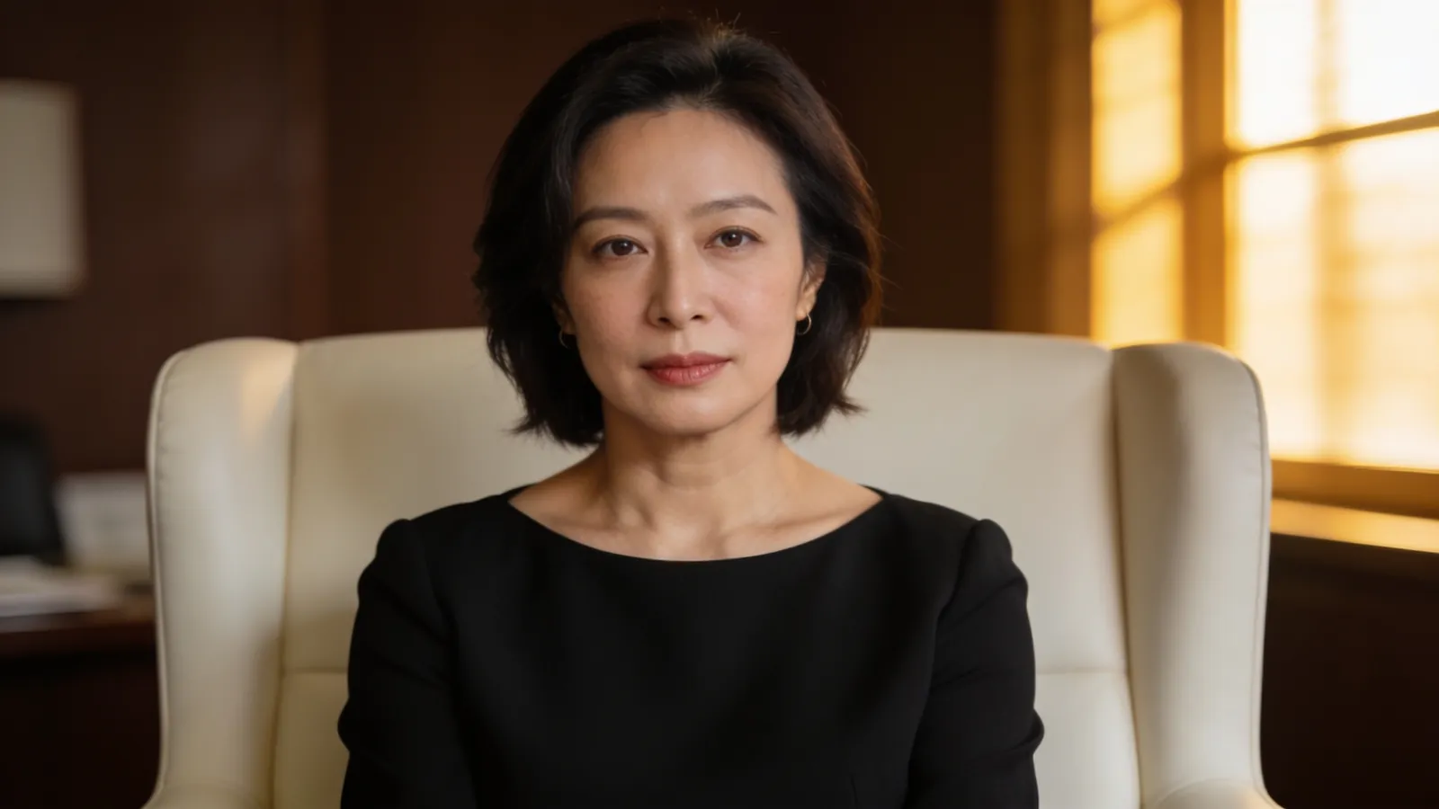 An East Asian woman in her 40s facing camera with balanced symmetrical features — illustrative image