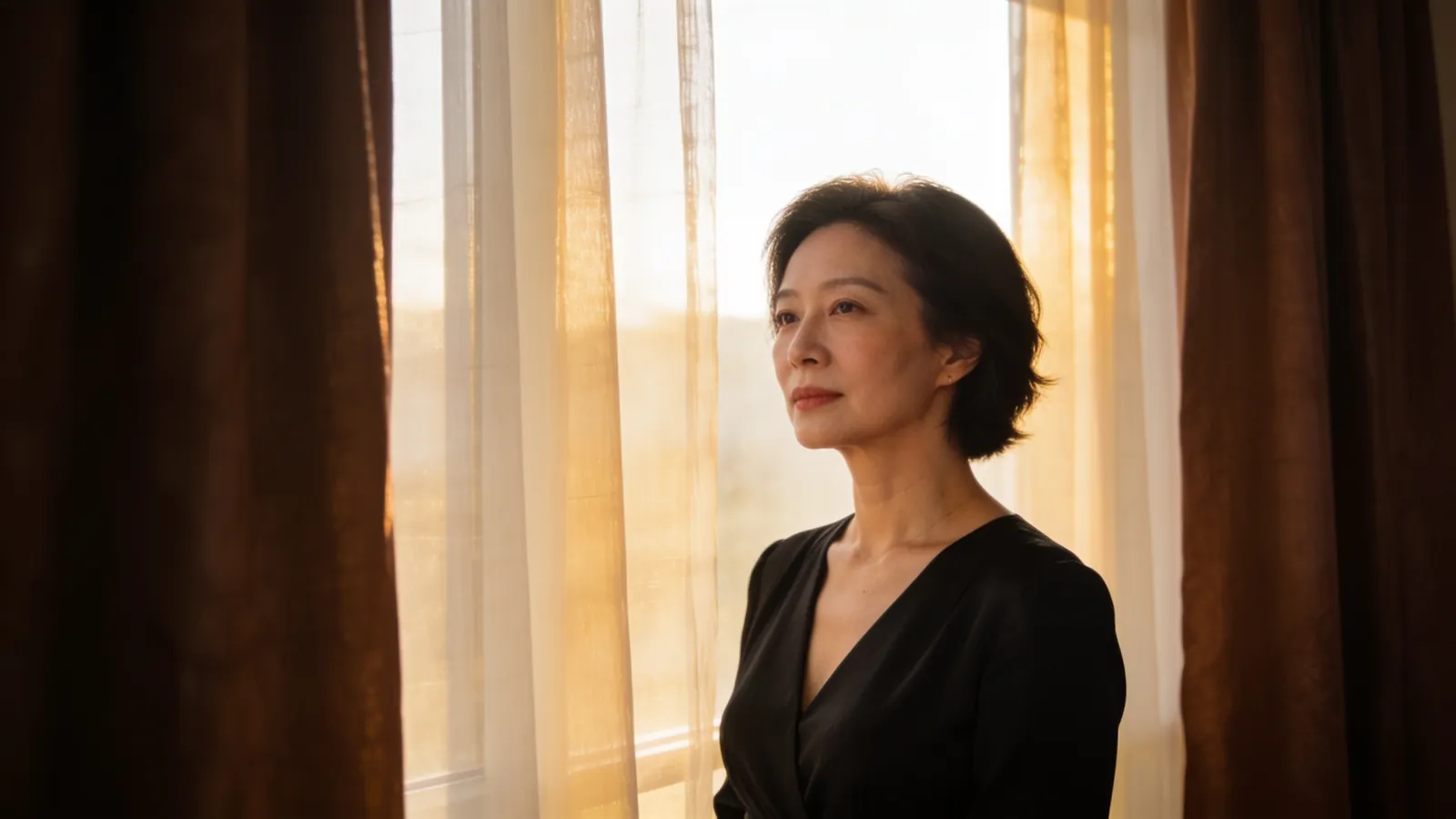 An East Asian woman in her 40s facing camera with balanced symmetrical features — illustrative image