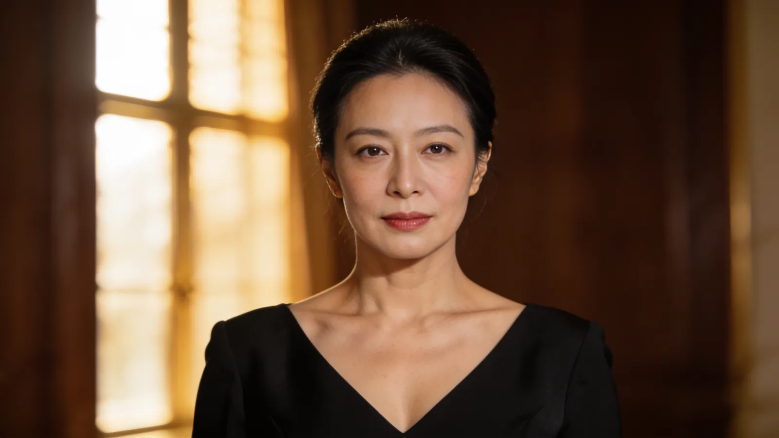An East Asian woman in her 40s facing camera with balanced symmetrical features — illustrative image