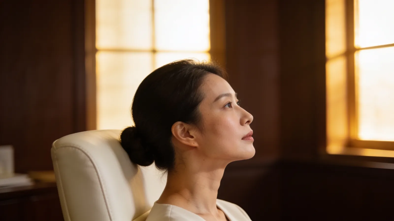 An East Asian woman in her 30s in side profile with chin lifted — illustrative image