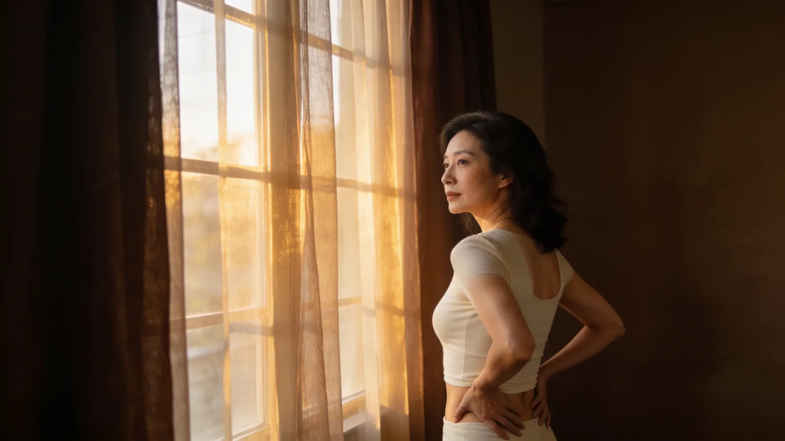 An East Asian woman in her 30s in a cream fitted top — illustrative image