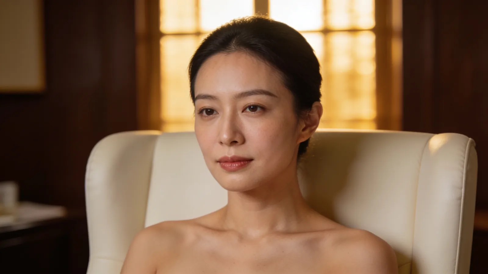 An East Asian woman in her 30s with a smooth softly rounded forehead — illustrative image