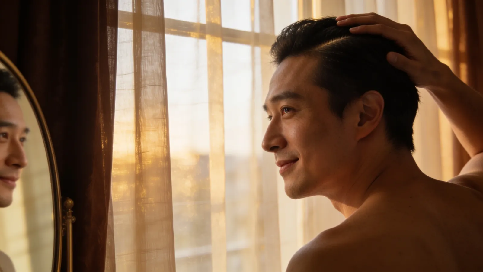An East Asian man in his 30s running his fingers through thick dark hair at the hairline — illustrative image