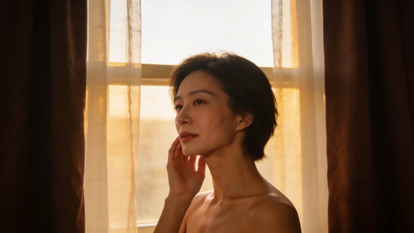 An East Asian woman in her 30s with a slim V-shaped jawline — illustrative image