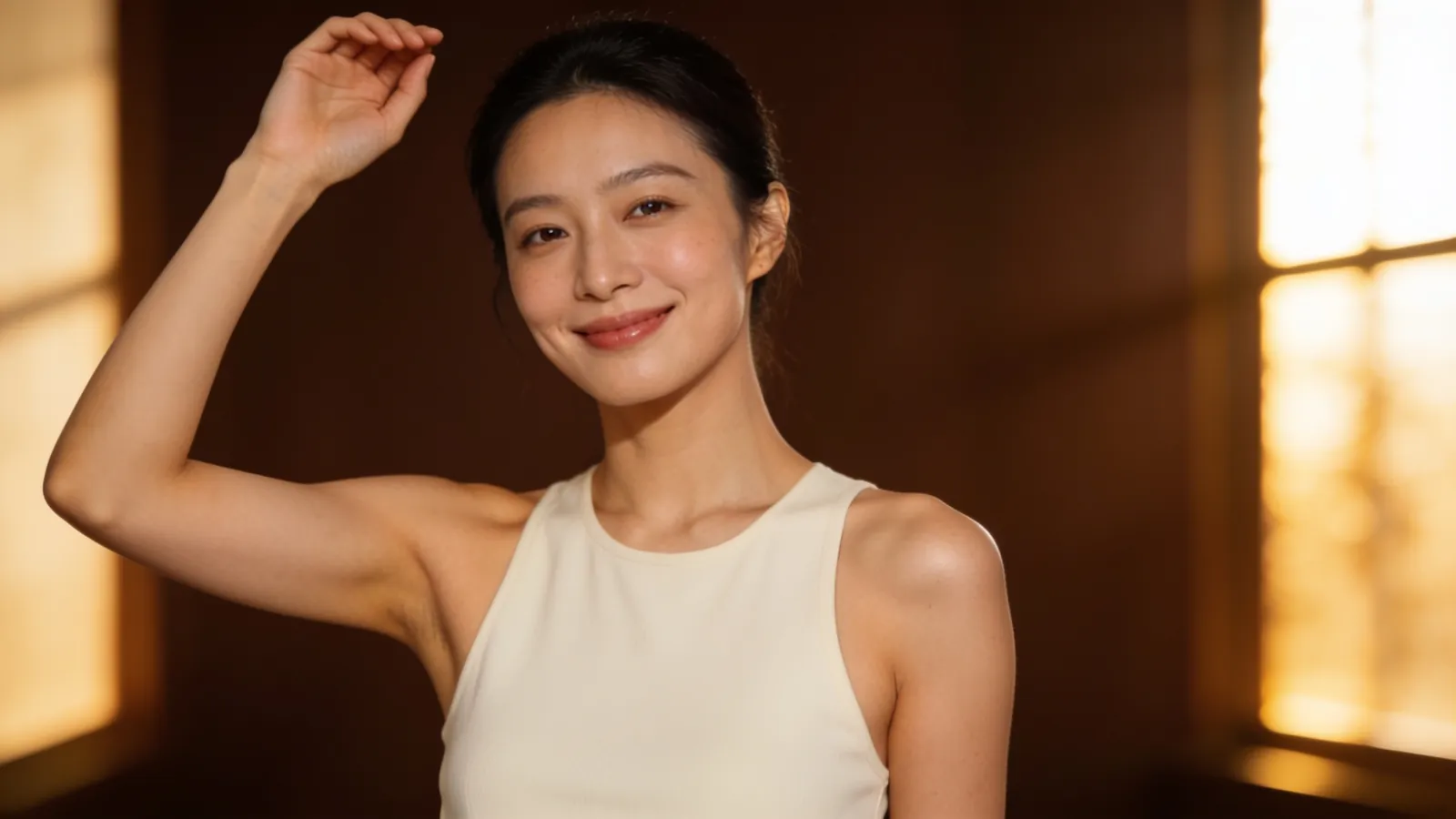 An East Asian woman in a cream sleeveless top raising one arm slightly — illustrative image