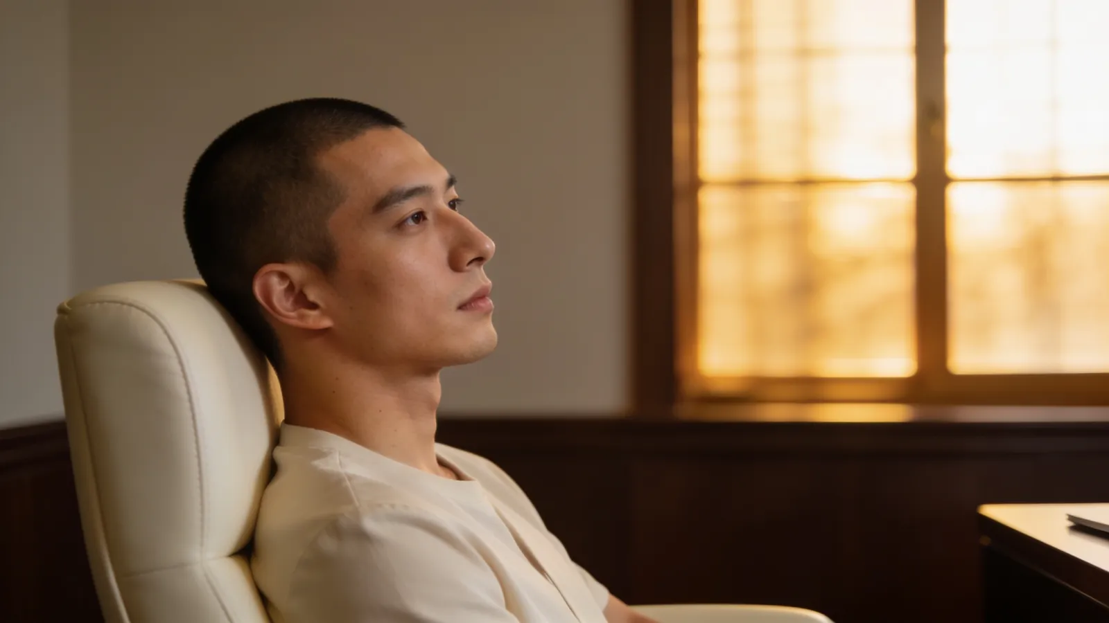 An East Asian man in his late 20s in three-quarter profile with a defined nose bridge — illustrative image