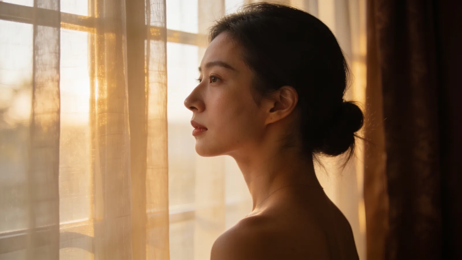 An East Asian woman in her late 20s in true side profile showing a refined natural nose bridge and tip — illustrative image