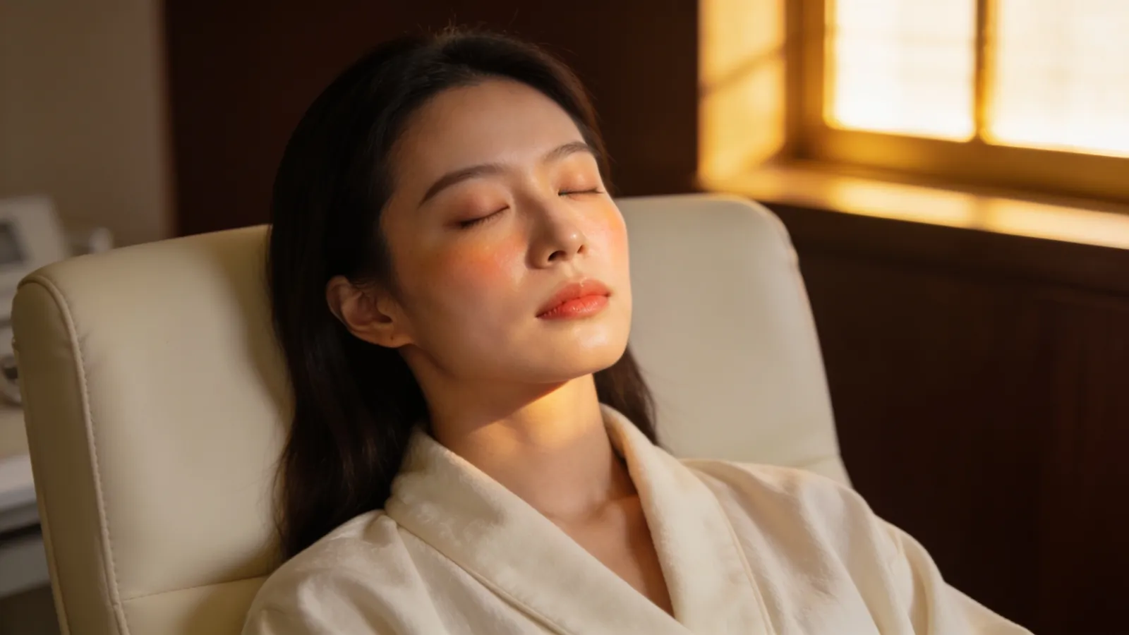 An East Asian woman in her 20s with luminous calm skin — illustrative image
