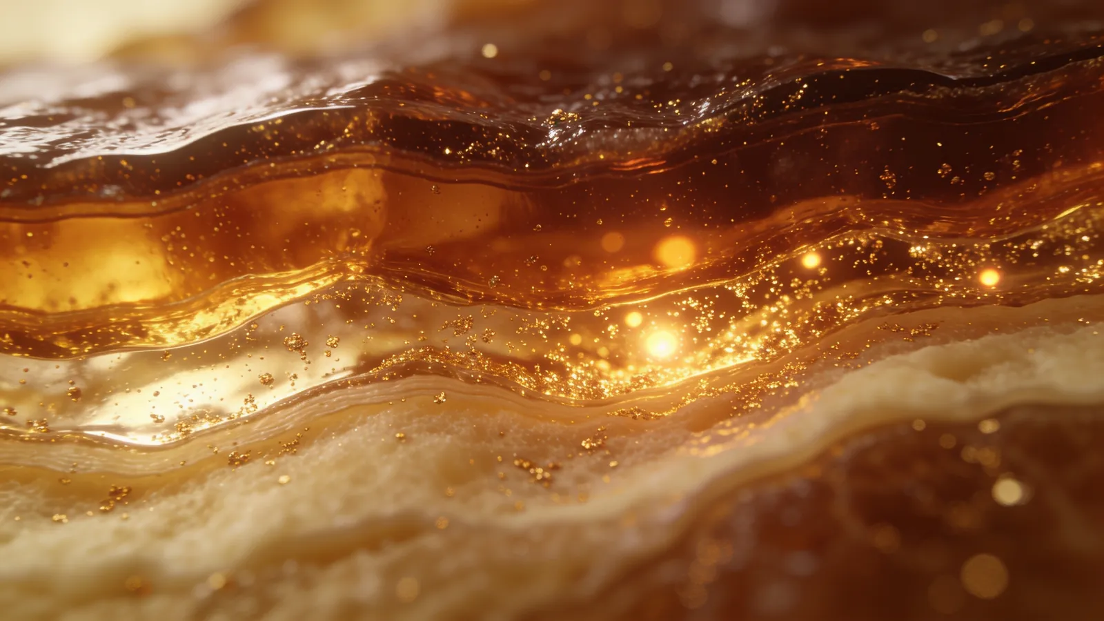 Abstract cross-section illustration of skin layers in translucent amber and gold — illustrative image