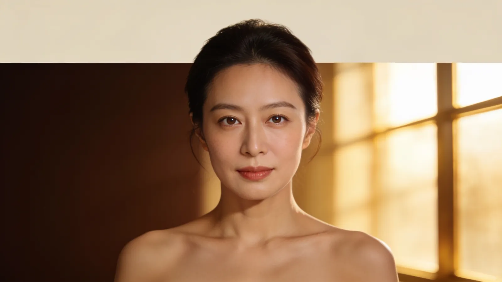 An East Asian woman in her late 30s looking straight ahead with bright refreshed eyes — illustrative image