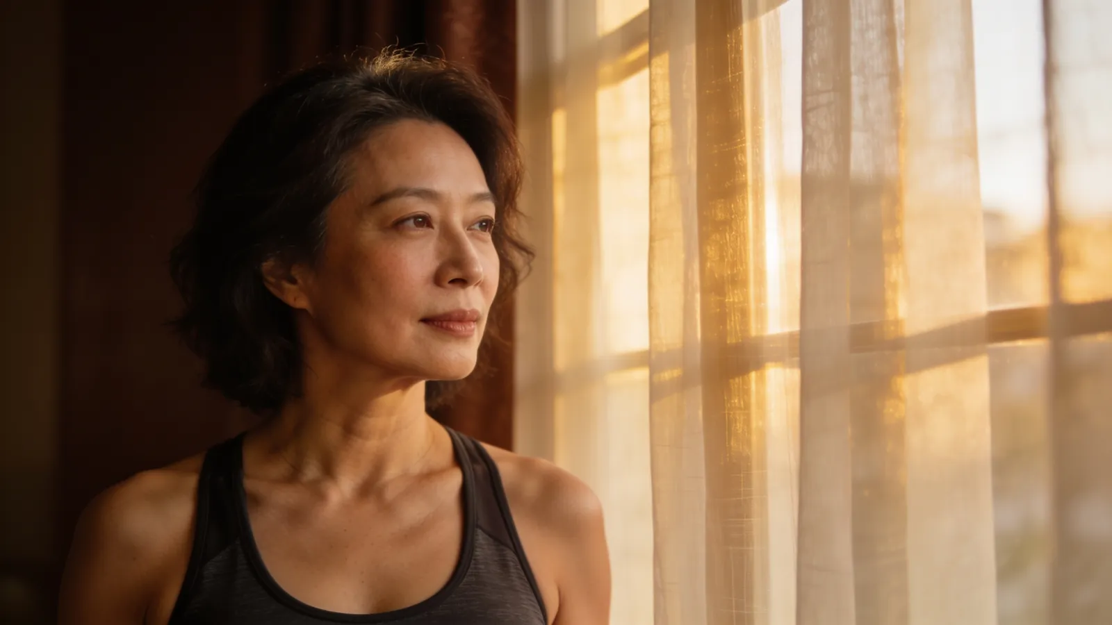 An East Asian woman in her 40s walking along a leafy Singapore park path in athletic wear — illustrative image