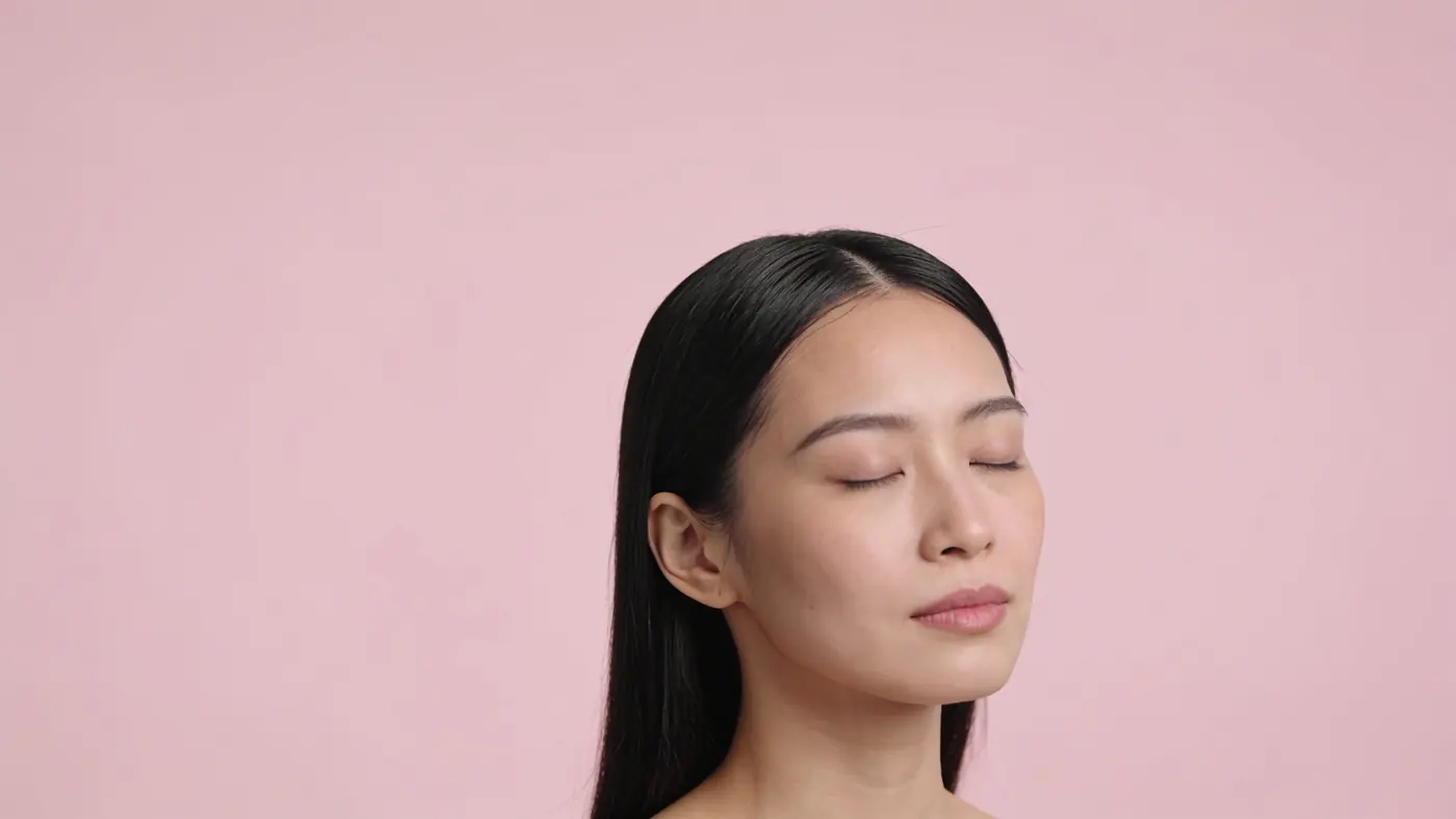 A young woman with calm, even skin in profile against a plain background