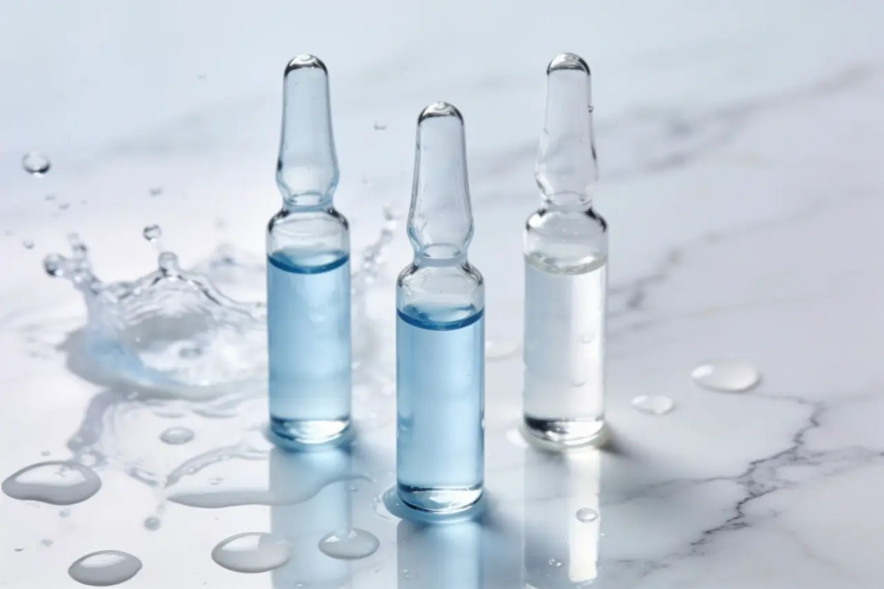 Glass ampoules arranged on a marble surface