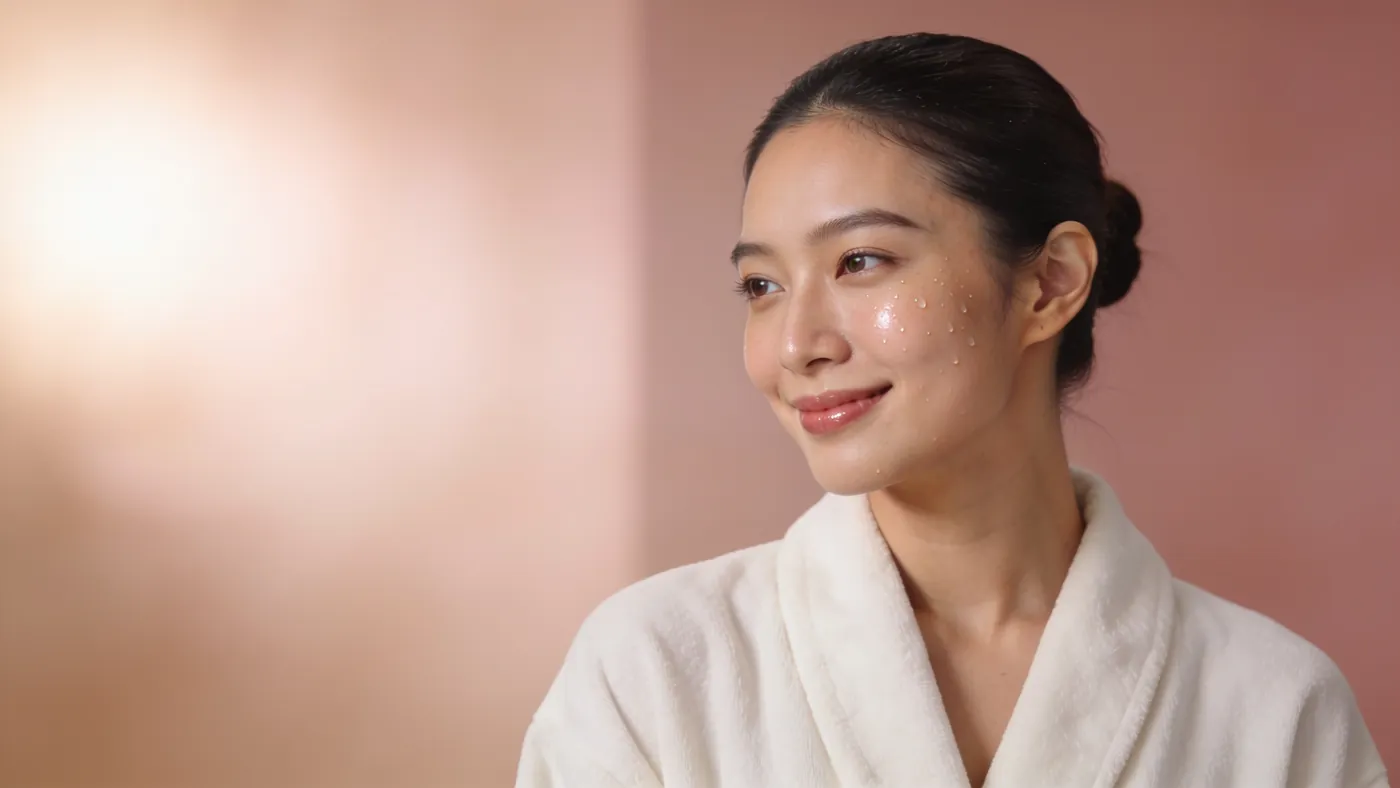 A woman in a cream robe turned toward soft light, skin showing a natural hydrated sheen
