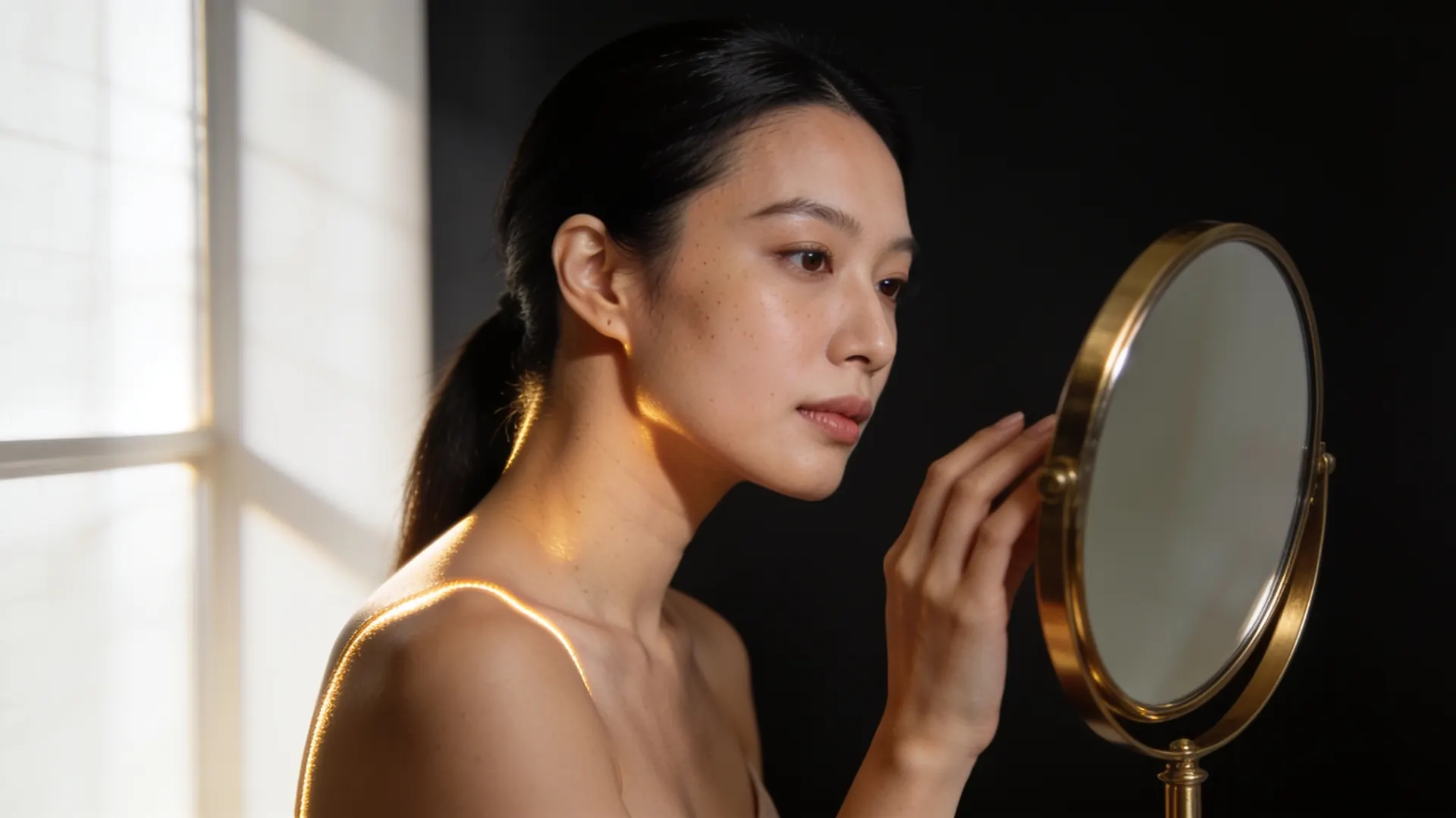 A woman looking at her reflection in a mirror, an illustrative image of an assessment that starts from what is seen