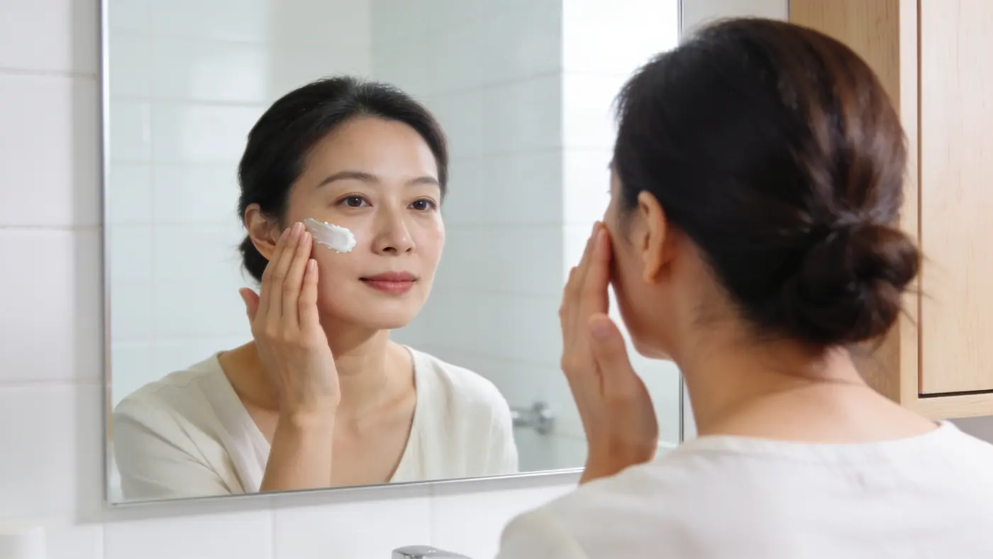 A woman applying sunscreen to her cheek in a bathroom mirror