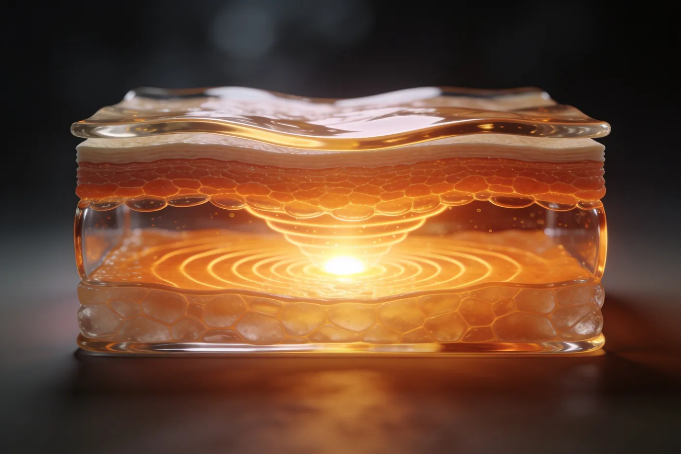 Abstract illustration of skin layers in amber tones with columns of light