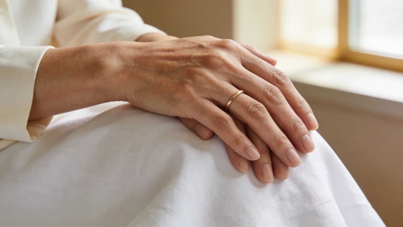 The hands of a woman in her fifties resting on white linen in soft window light, a simple gold ring