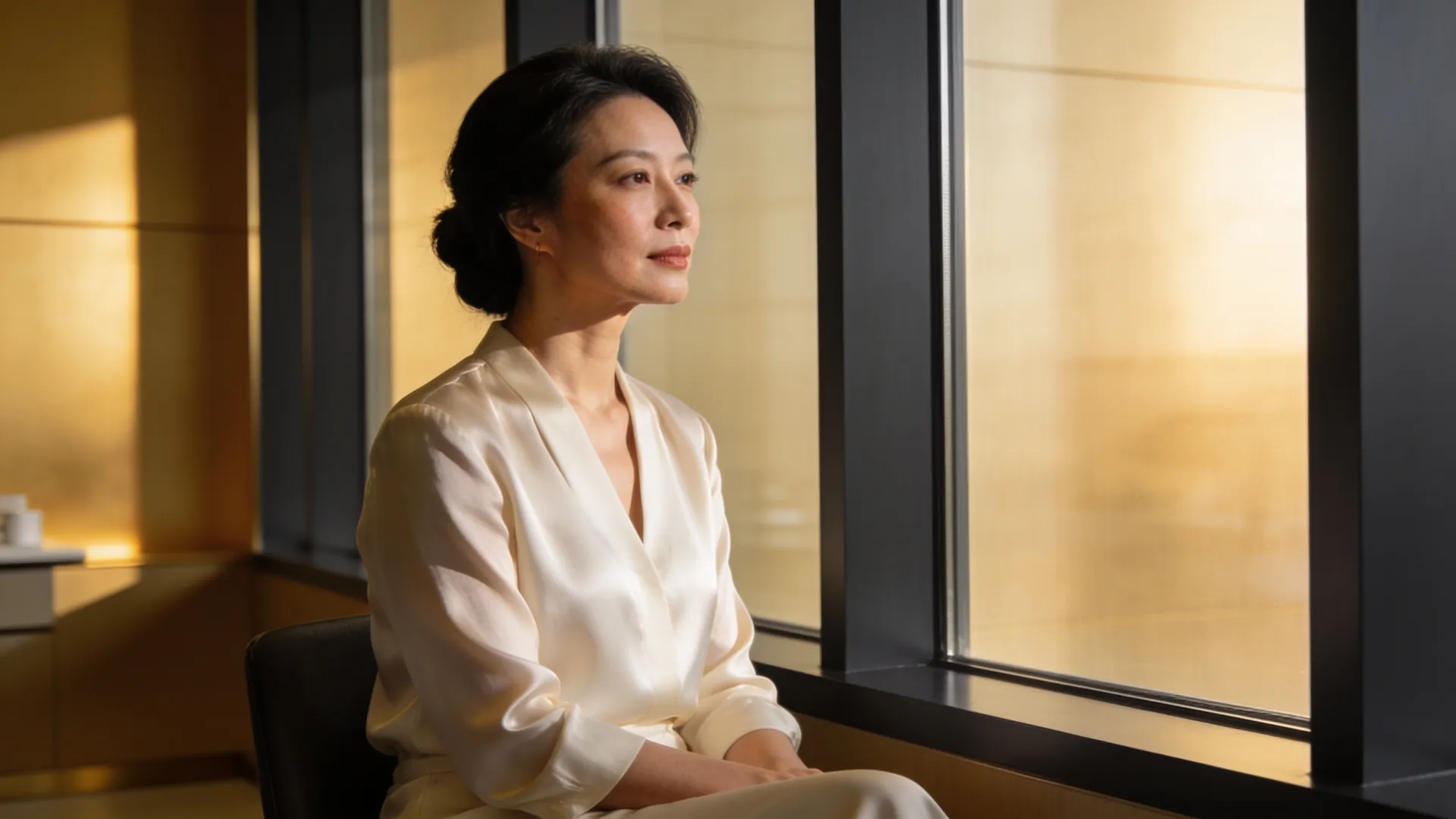An elegant woman in her mid-forties seated by a tall window in a warm clinic, soft golden light on naturally defined cheekbones