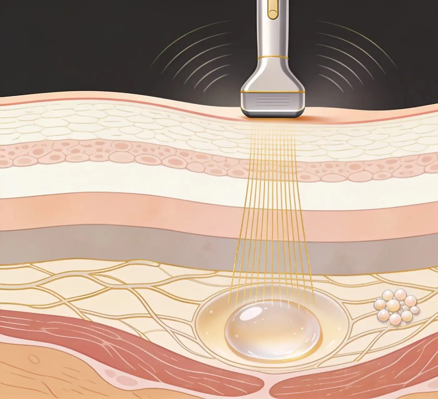 Illustration of facial skin layers in cross-section with an ultrasound probe on the surface, a pocket of gel filler in the deep dermis and a cluster of calcium microspheres in collagen strands